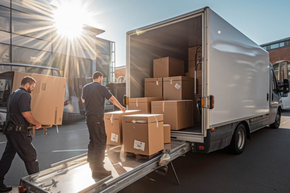 Workers unloading boxes from van outdoors. Moving service. Created with Generative AI technology.