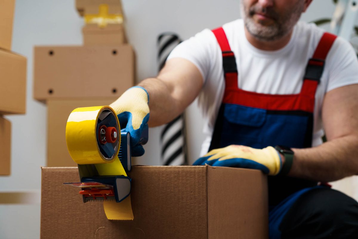 Man mover in uniform packing boxes with scotch tape, close up