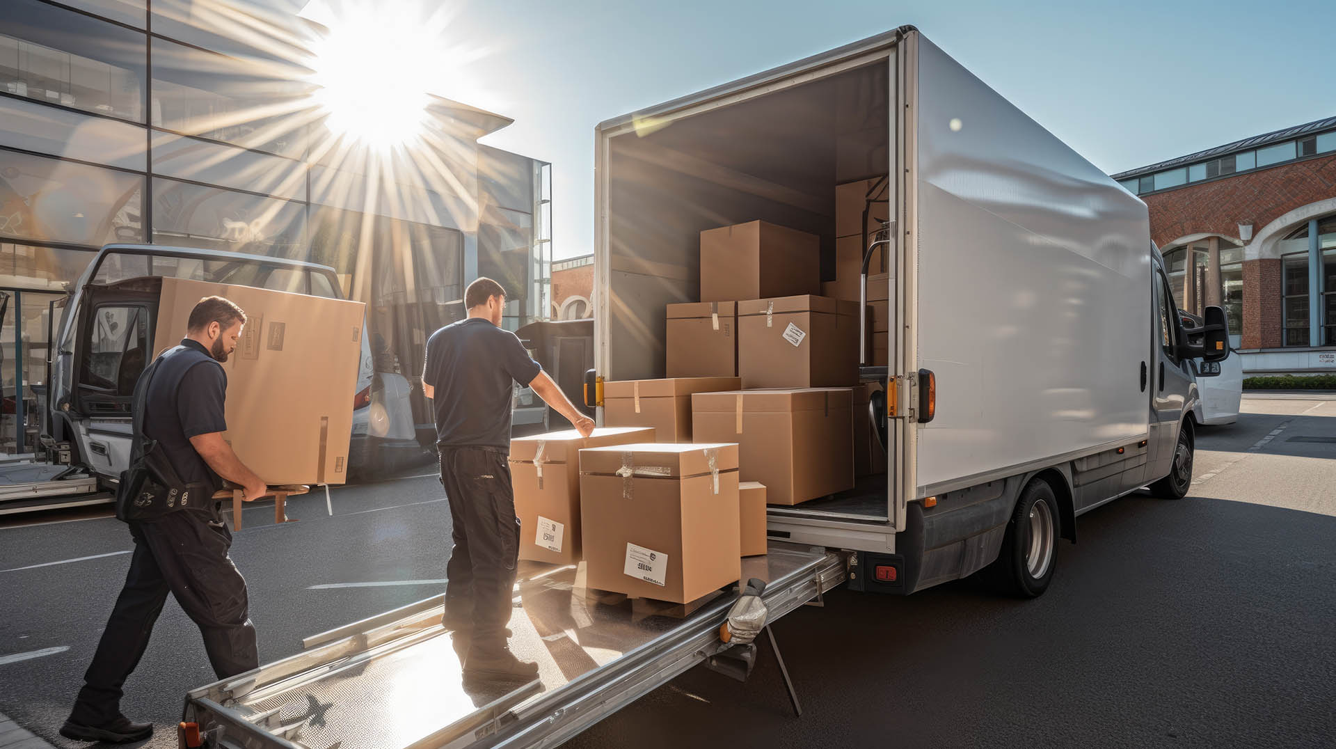 Workers unloading boxes from van outdoors. Moving service. Created with Generative AI technology.